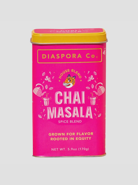 a tin of chai masala from diaspora co on a white background