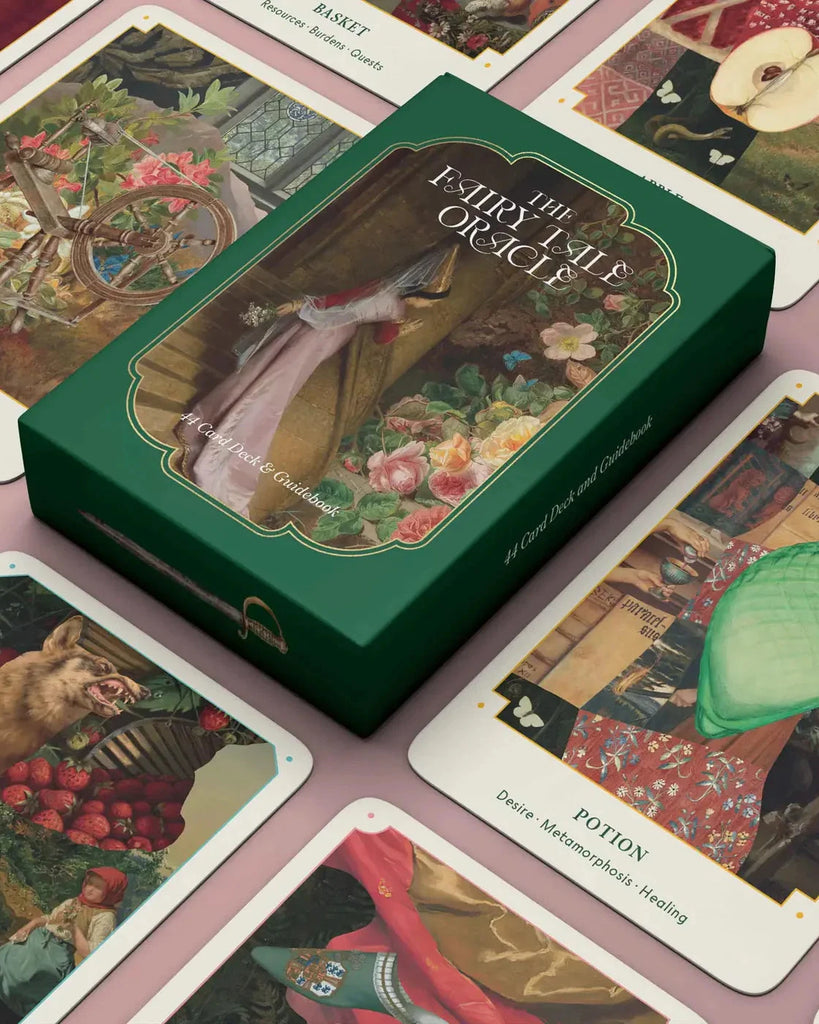 Fairy Tale Oracle card set with green box and cards featuring fairy-themed illustrations from Broccoli Magazine 