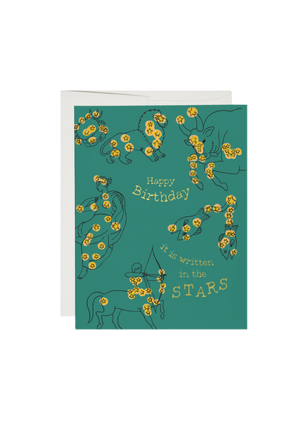 Greeting card with astrological designs and 'Happy Birthday' text on a teal background
