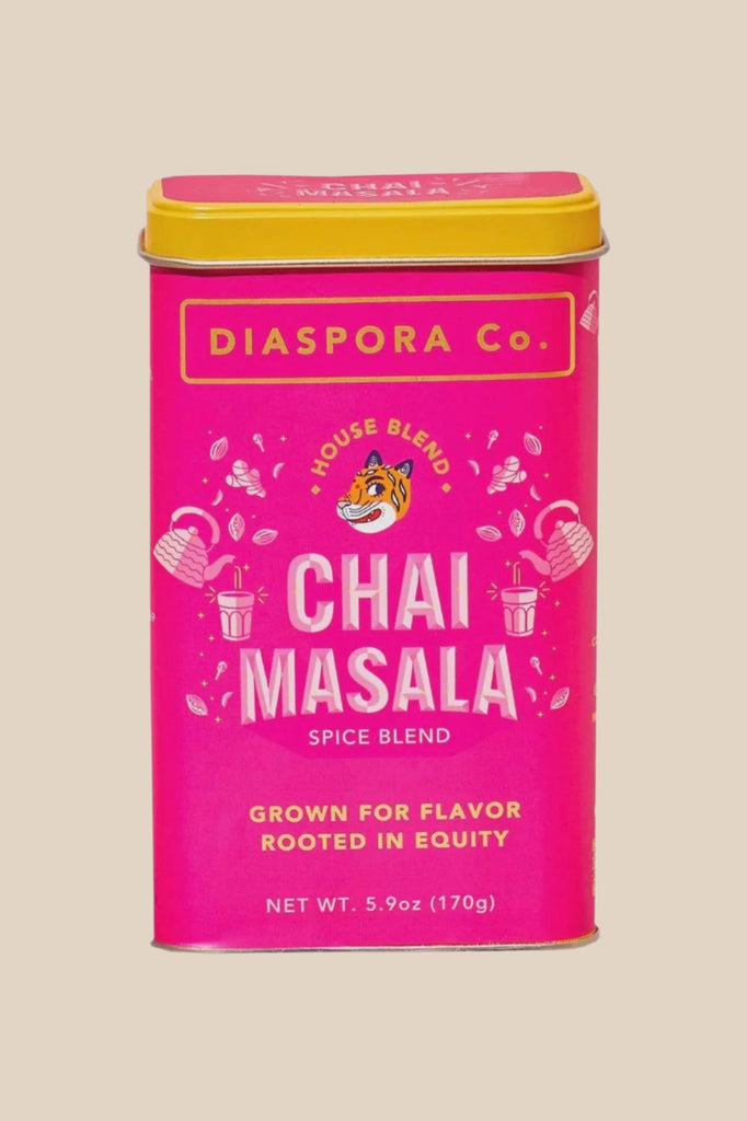 a tin of chai masala from diaspora co on a white background