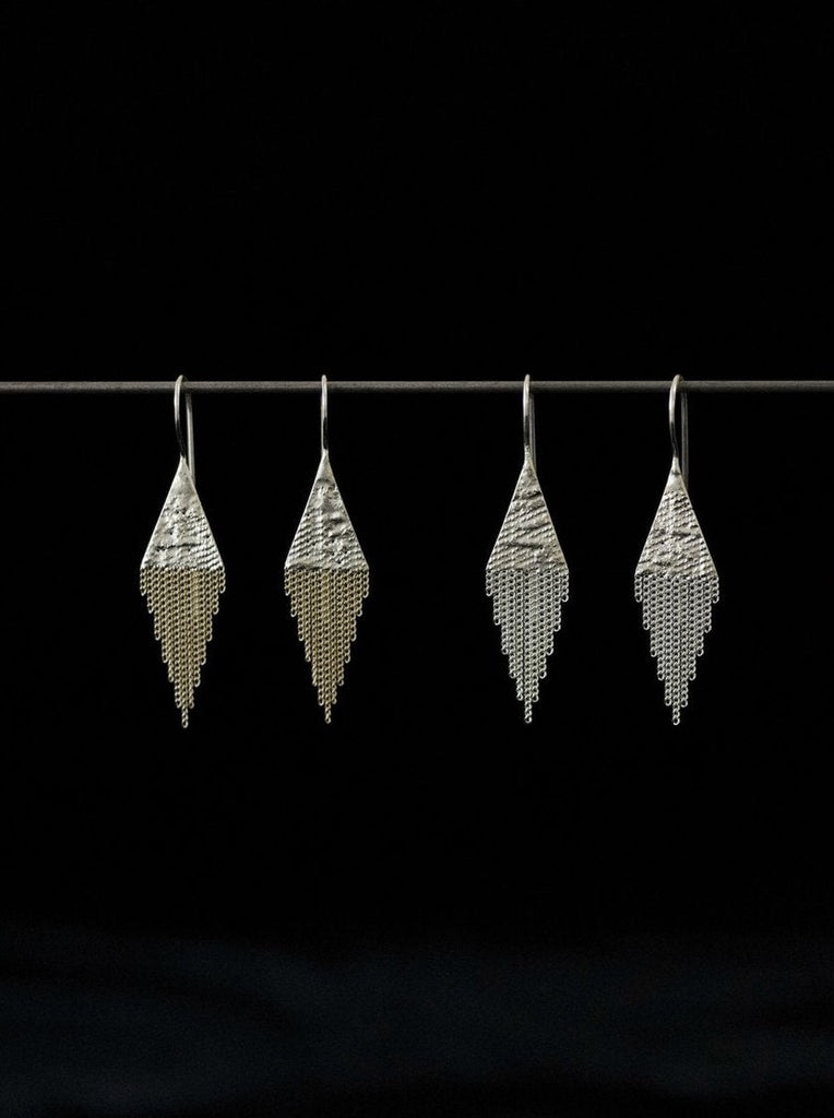 two pair of small dangle earrings shaped like a kites with fringe in sterling silver and brass - made by Hannah keefe