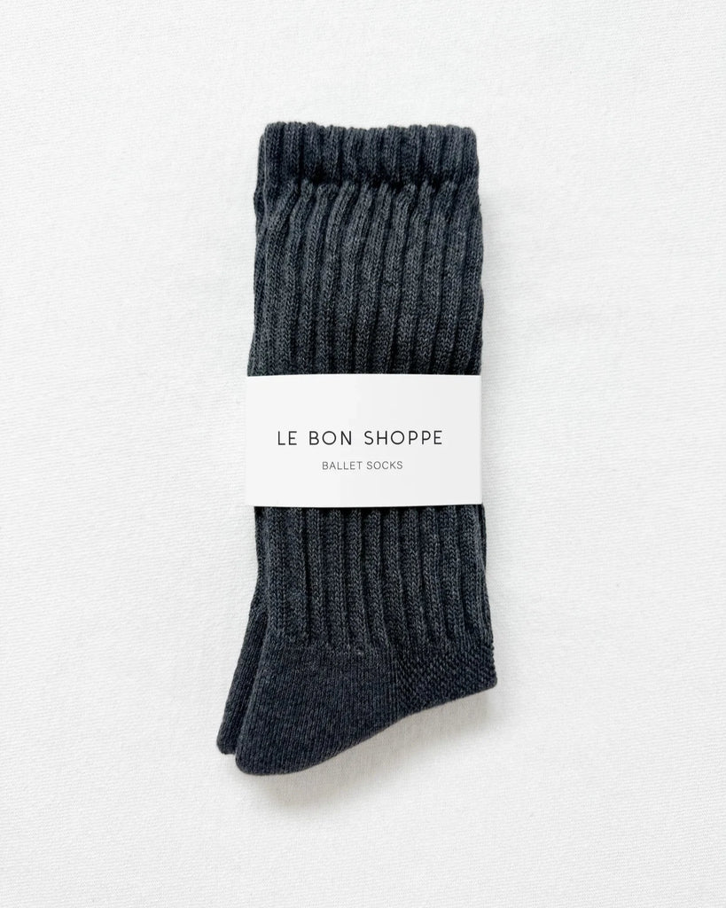 Pair of Charcoal socks with a white 'Le Bon Shoppe' label on a light gray background