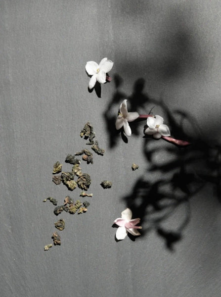spilled emperor's flower tea on a slate background