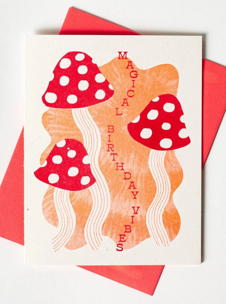 red mushroom birthday vibes card with red envelope by bromsted printing