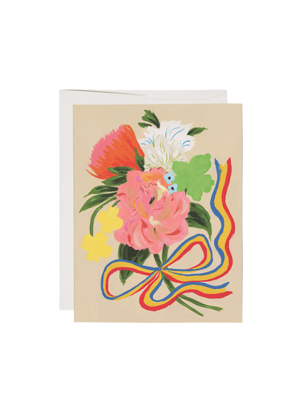 Greeting card with colorful floral design and rainbow ribbon on a beige background