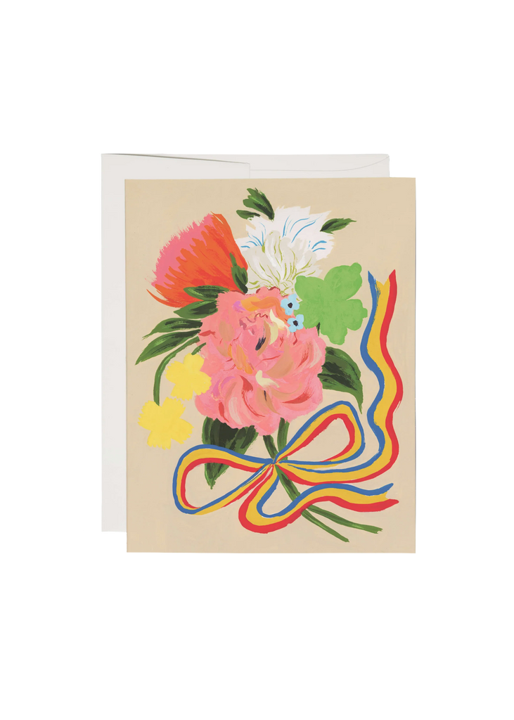 Greeting card with colorful floral design and rainbow ribbon on a beige background