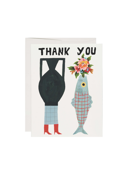 Greeting card with illustrations of a vase, fish, and person, and 'Thank You' text.