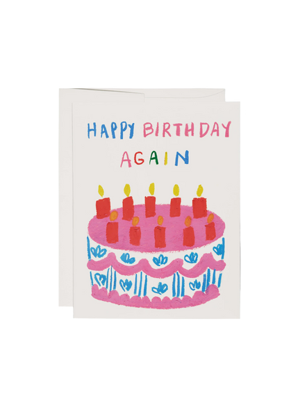 Birthday card with a cake illustration and 'Happy Birthday Again' text on a white background