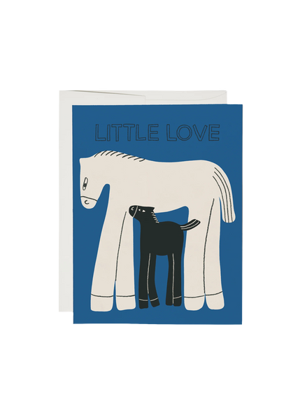 Greeting card with illustration of a horse and a baby horse, and 'Little Love' text on a blue background.