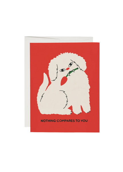 Greeting card with a white dog illustration and text on a red background