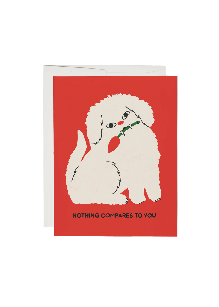 Greeting card with a white dog illustration and text on a red background