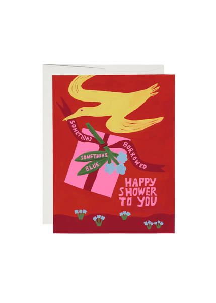Greeting card with a yellow bird, gift box, and text on a red background