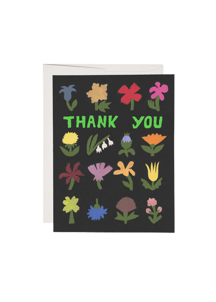 Greeting card with floral designs and 'Thank You' text on a black background