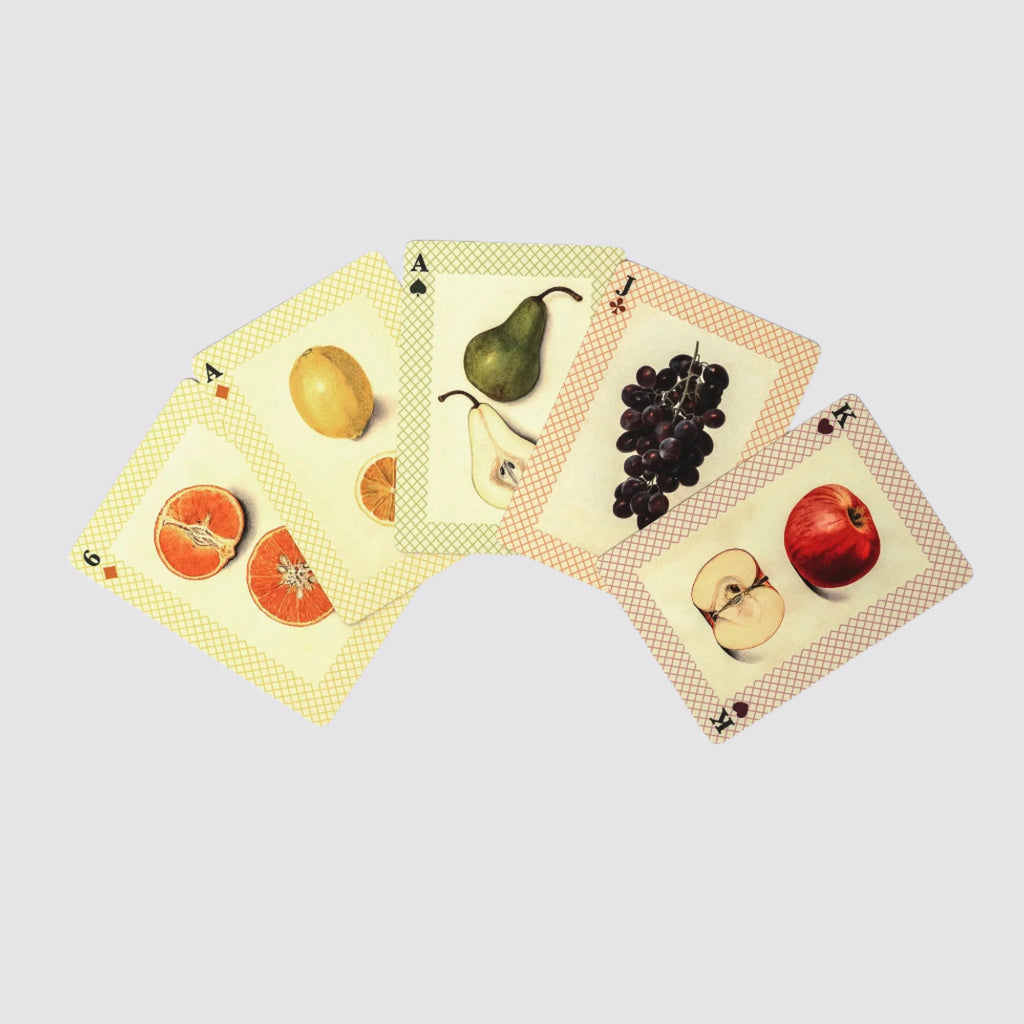 a sample of illustrated watercolor fruit playing cards on a white background.