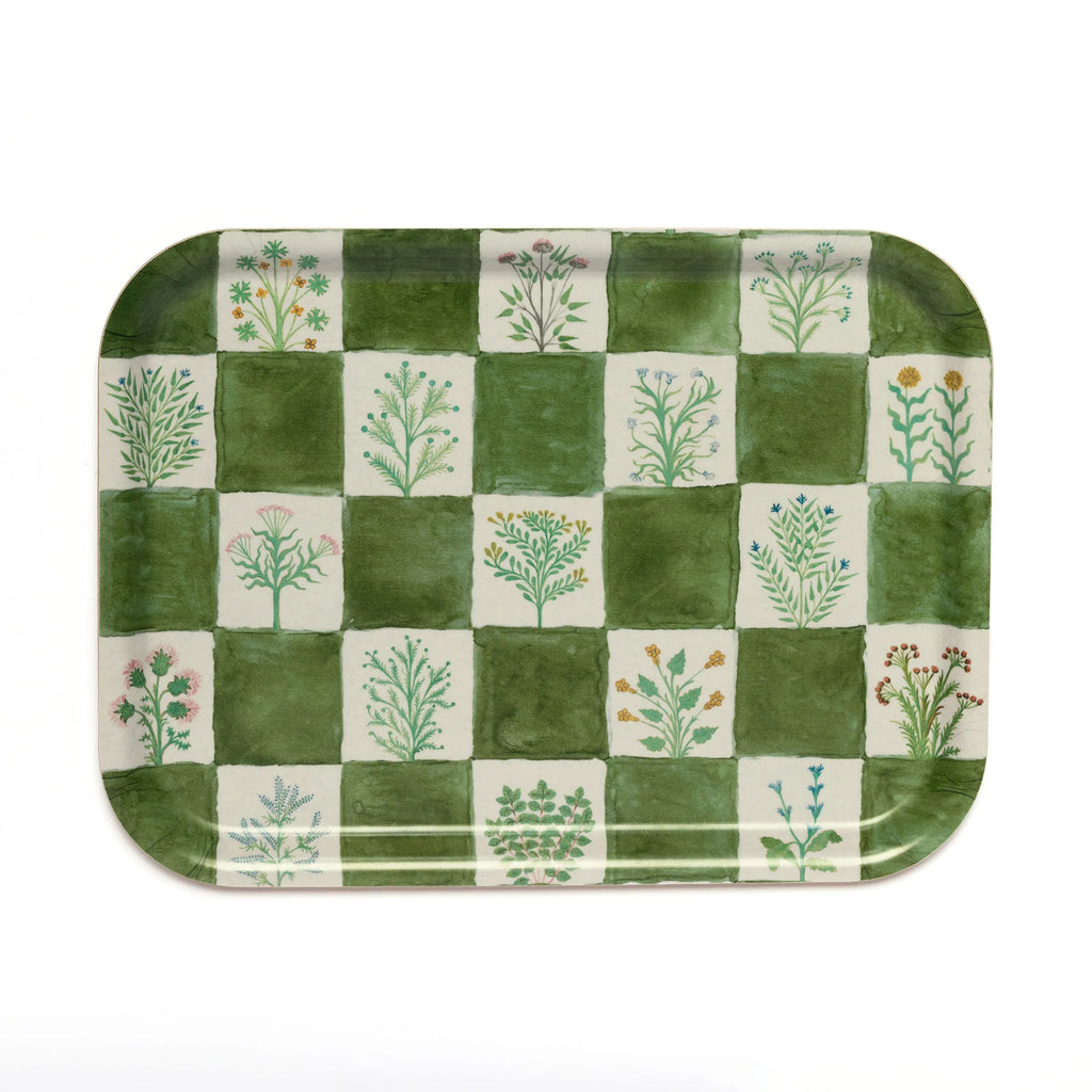 a green birchwood tray with illustrations of herbs on a white background.