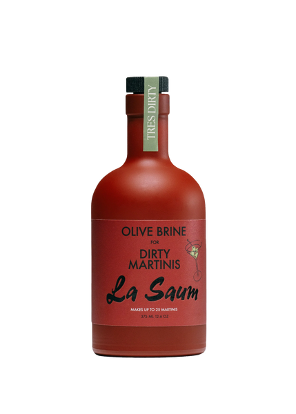 Red bottle labeled 'La Saum' Olive Brine on a white background
