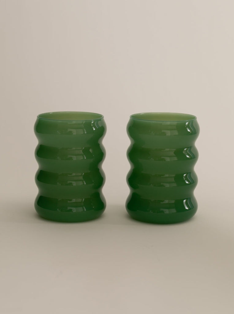 jade green rippled drinking glass pair