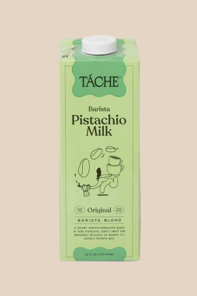 a front view of tache pistachio milk in a green carton