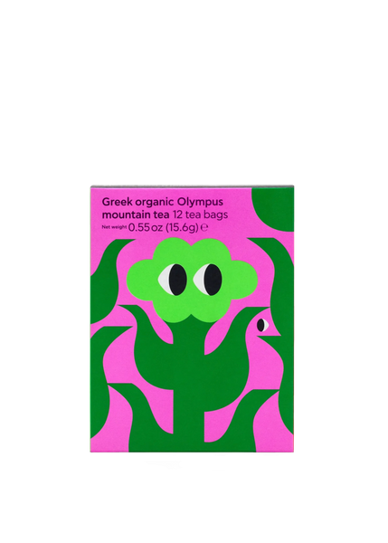 Tea bag packaging with green leaves and pink background