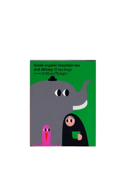 Tea bag packaging with cartoon characters on a green background