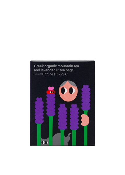 Tea bag packaging with lavender illustration on a white background