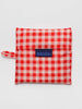 square packaged red gingham baggu bag with blue label