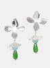 Sterling silver wildflower earrings with clear baby blue and emerald green hand formed eco gem glass charms stacked on top of each other made by cled against a white background