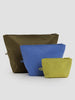 three zippered baggu reuseable pouches in descending sizes in tide pool colors 