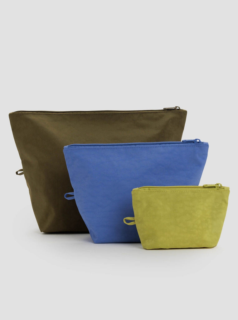 three zippered baggu reuseable pouches in descending sizes in tide pool colors 