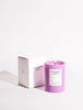 a white gift box and a frosted purple glass candle in the scent lavender daze by Brooklyn candle company sits on a white background